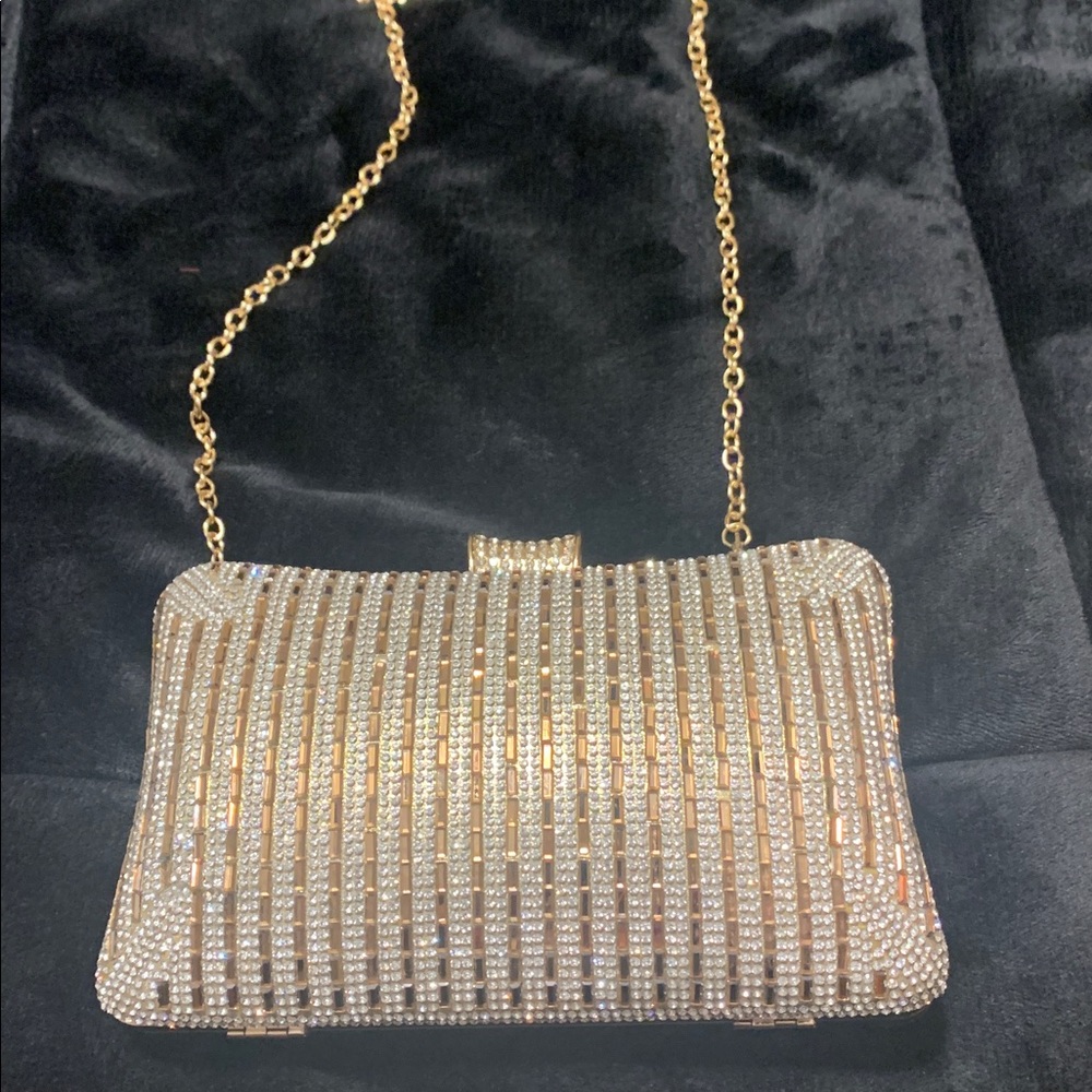 New Gold Rhinestone Clutch with Chain